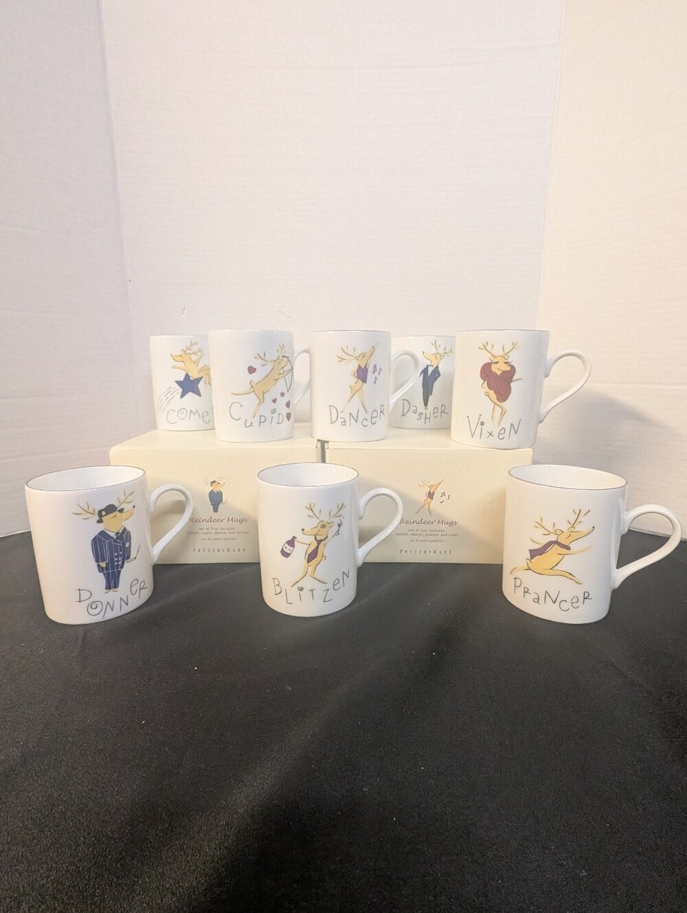 New POTTERY BARN VINTAGE 2003 REINDEER MUGS MIXED FULL SET 8 Christmas Holiday